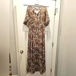 DR2 by Daniel Rainn Women’s Paisley Boho Maxi Dress Size M Short Sleeve Tie Wst